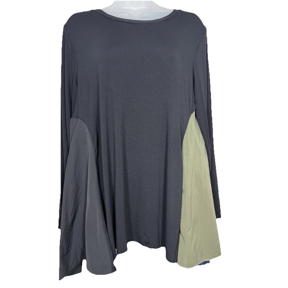 Ozai N Ku Womens M Asymmetrical Colorblock Tunic Top Lagenlook Artsy Hi Low Hem
